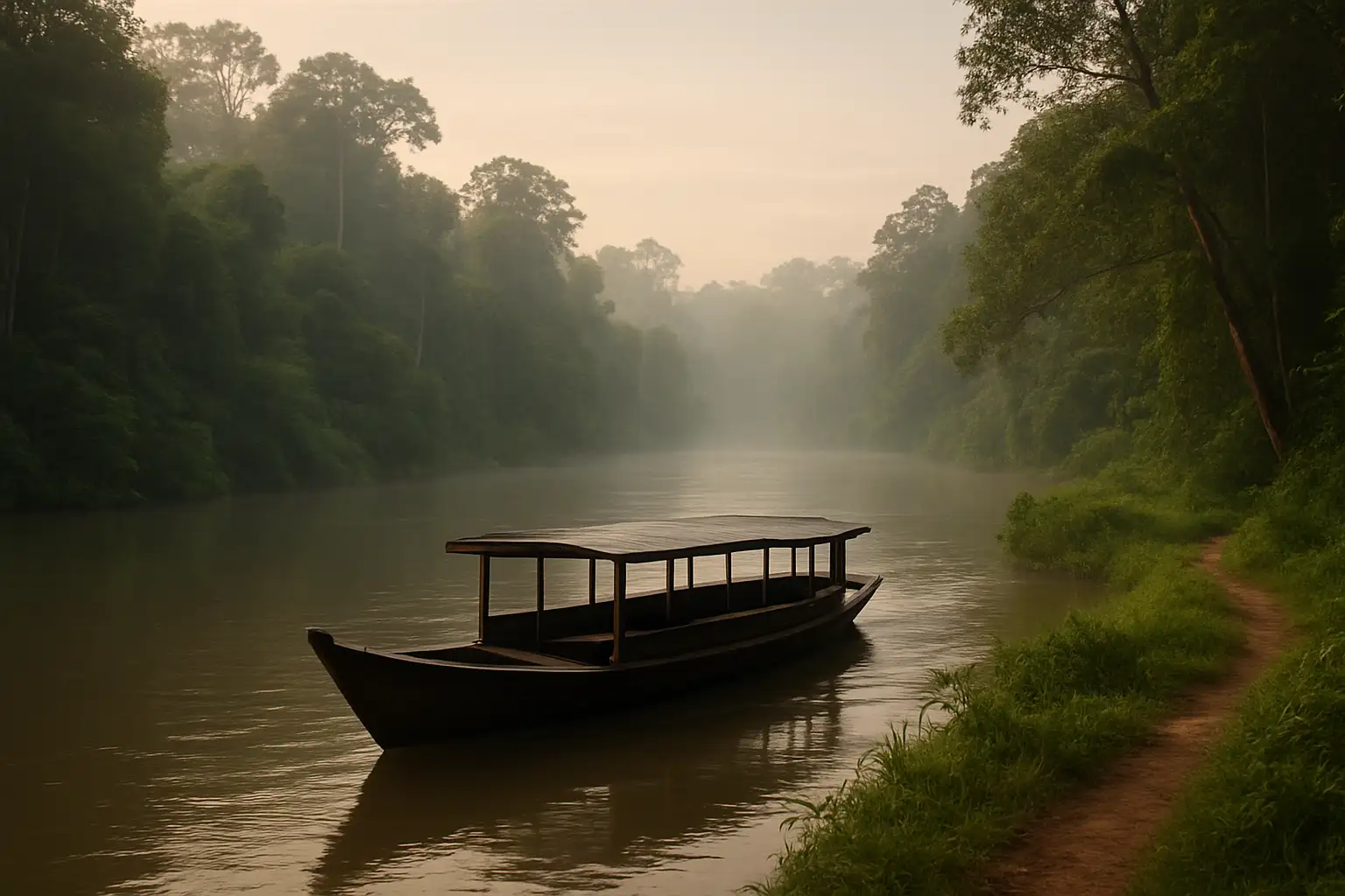 Klotok sur une rivière de Bornéo au lever du jour, entouré de forêt tropicale et de brume