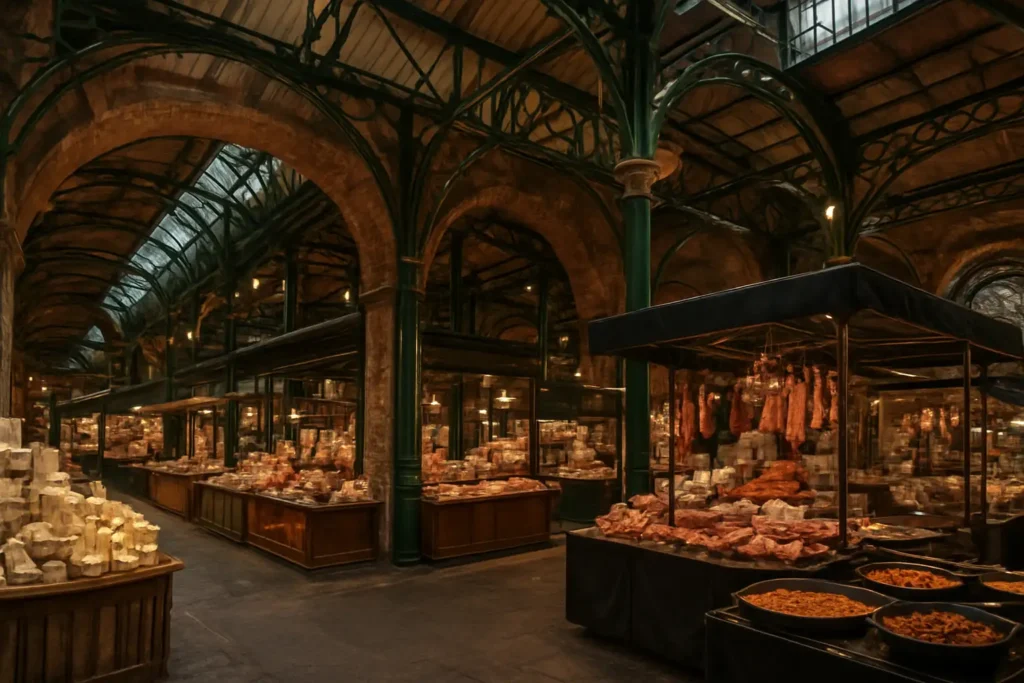 Vue intérieure du Borough Market à Londres avec plusieurs étals alimentaires sous les arches victoriennes.
