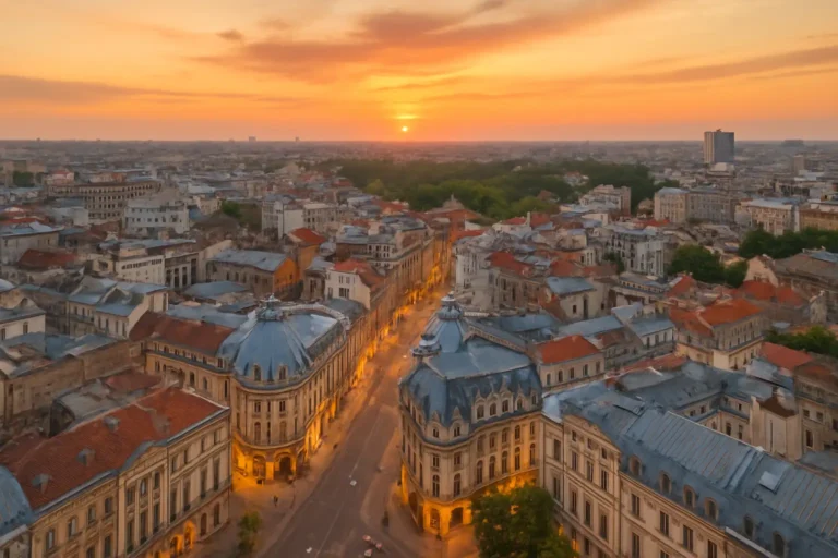 Vue panoramique de Bucarest au coucher du soleil avec la vieille ville de Lipscani et des façades interbellum