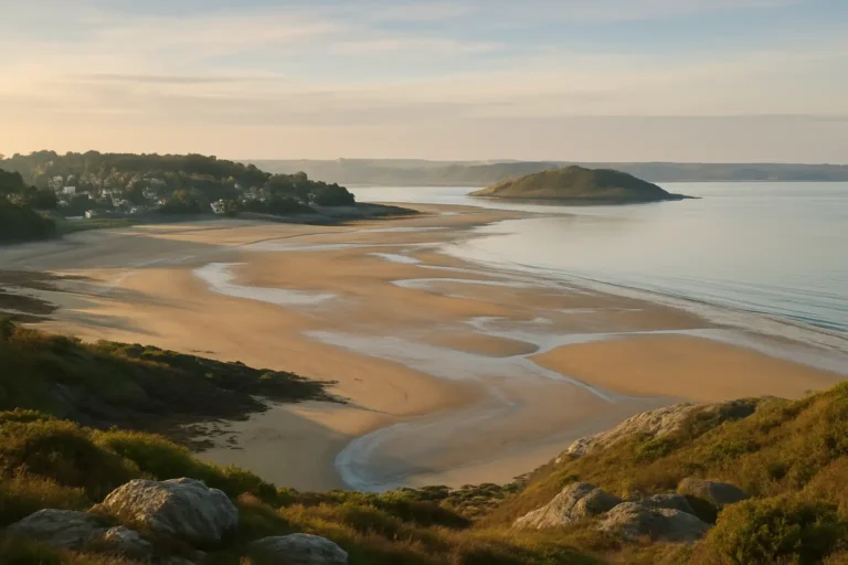 Panorama côtier à Carantec depuis la pointe de Beg-Hir, avec la plage et la baie de Morlaix à marée basse