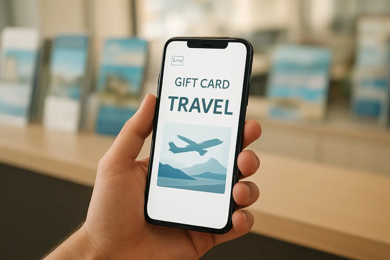 Main tenant un smartphone affichant un PDF de carte cadeau voyage devant un comptoir d’agence de voyage