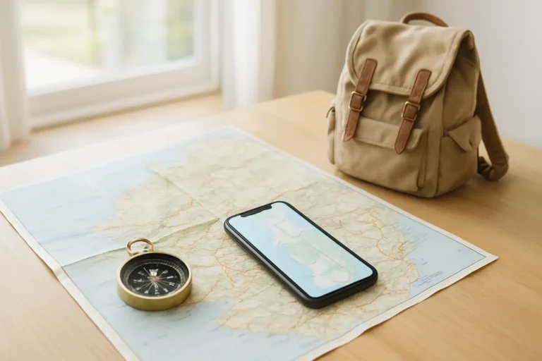 Carte de la Corse avec smartphone hors ligne, boussole et sac de randonnée