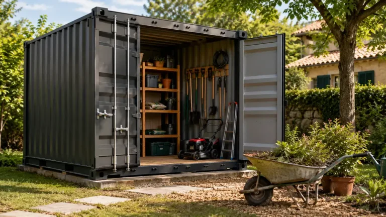 Container maritime transformé en abri de jardin avec outils et matériel de jardinage