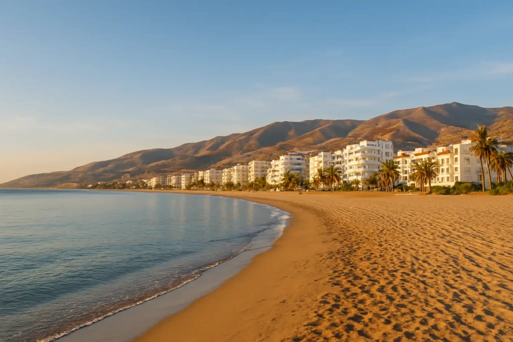 Vue panoramique de la Costa del Sol avec plage, mer Méditerranée et collines andalouses