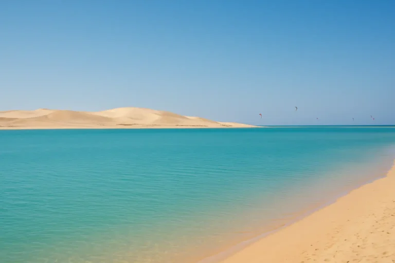 La lagune de Dakhla au Maroc avec dunes et kitesurf au loin