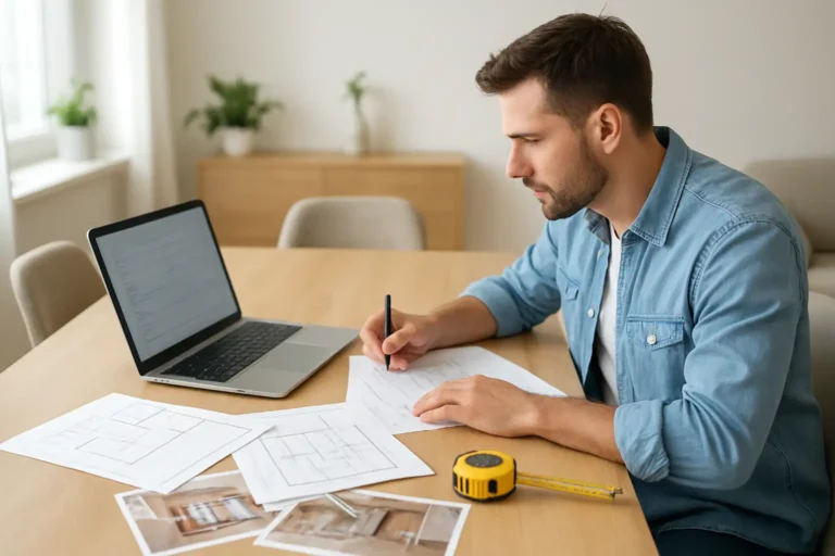 Un particulier prépare une demande de devis travaux HabitatPresto avec ordinateur, plans et photos du chantier.