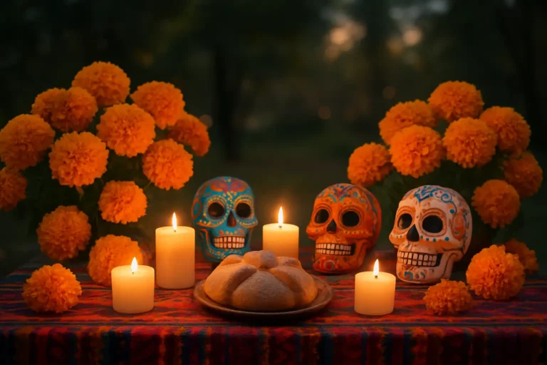 Autel du Día de los Muertos avec fleurs de cempasúchil, bougies, pan de muerto et calaveras colorées au crépuscule