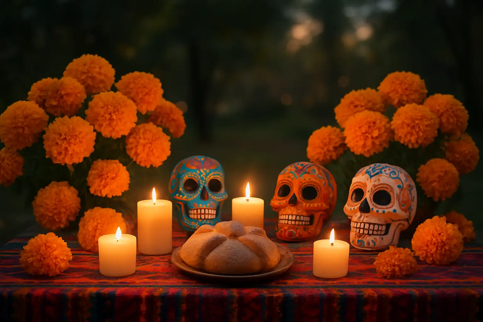 Autel du Día de los Muertos avec fleurs de cempasúchil, bougies, pan de muerto et calaveras colorées au crépuscule