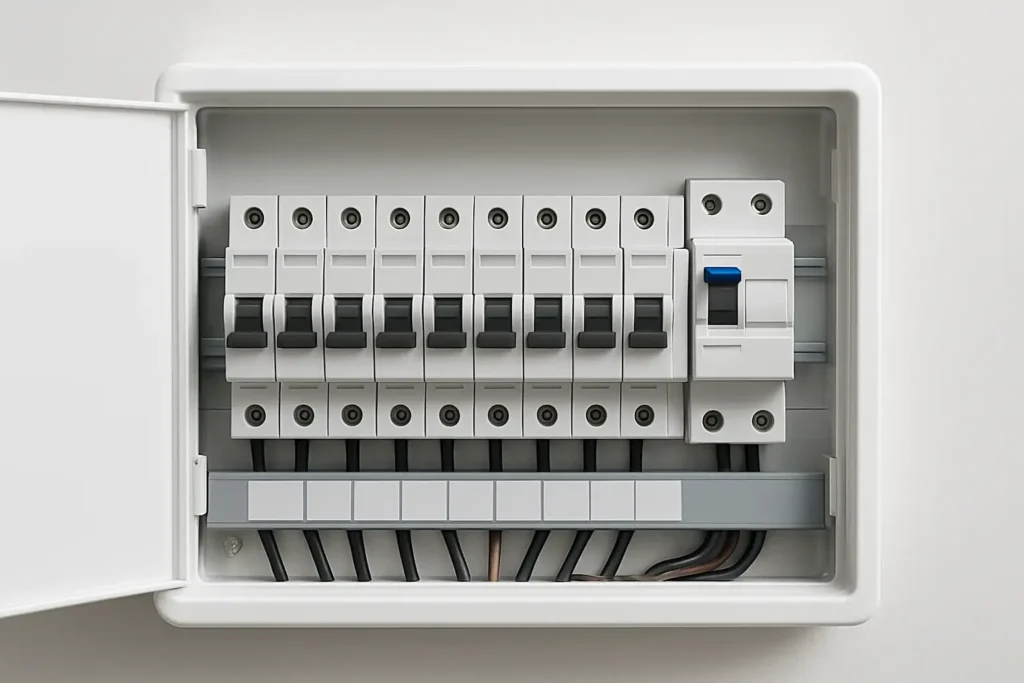 Tableau électrique domestique avec un disjoncteur différentiel visible