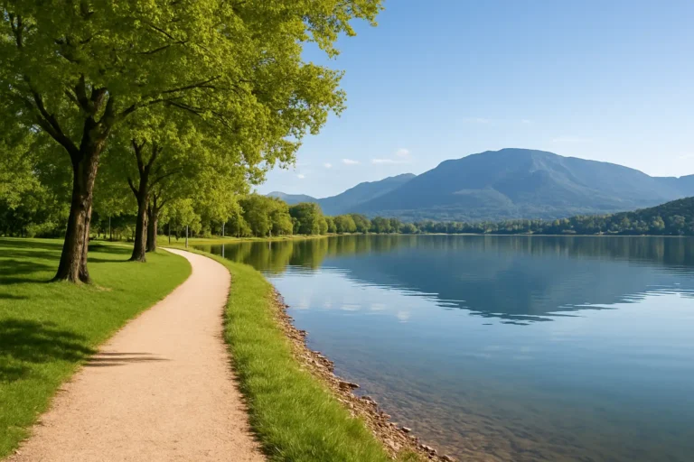 Promenade au bord du lac de Divonne-les-Bains avec les reliefs du Jura en arrière-plan