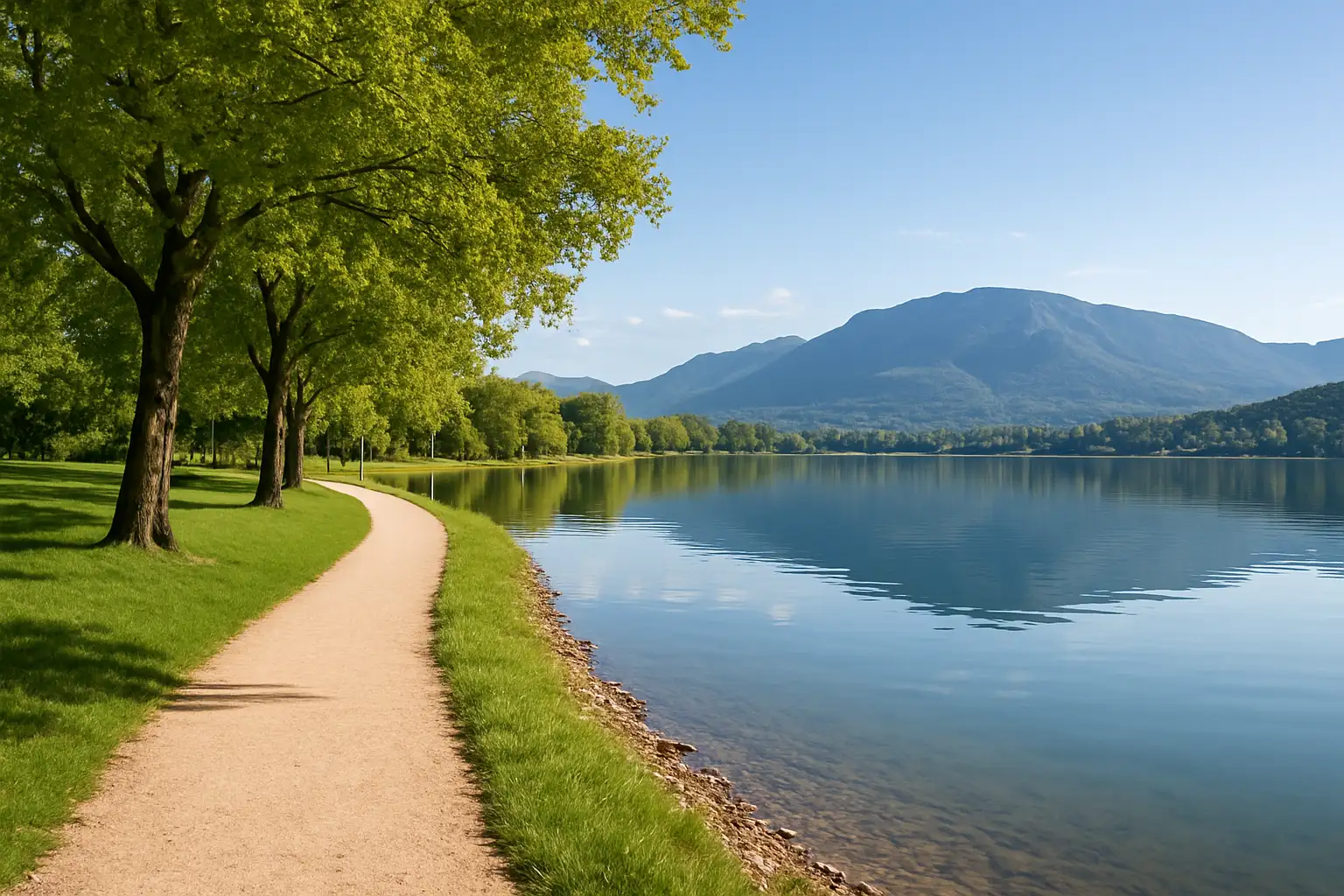 Promenade au bord du lac de Divonne-les-Bains avec les reliefs du Jura en arrière-plan