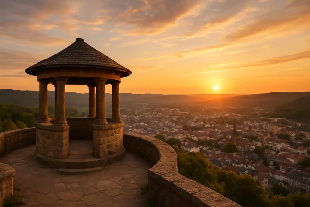 Vue panoramique depuis le Schlossberg à Forbach, avec la ville en contrebas et la forêt au coucher du soleil