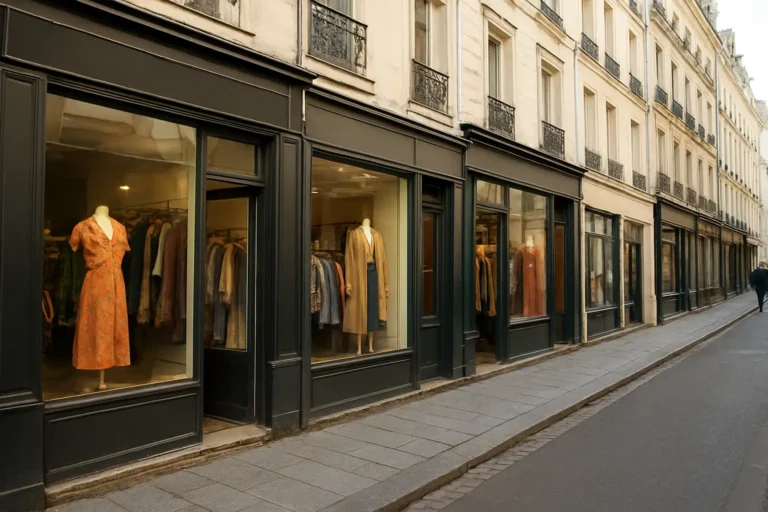 Rue parisienne avec plusieurs friperies et boutiques de seconde main