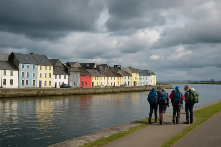 Vue de Galway avec son front de mer et des voyageurs prêts pour une excursion