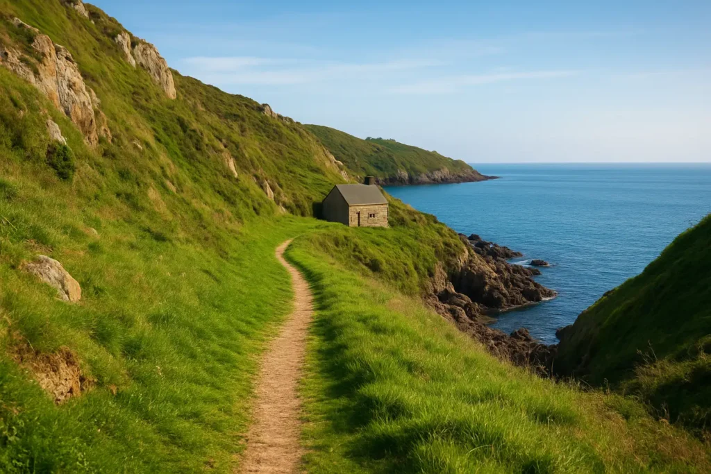 Sentier côtier sur la côte sud de Guernesey avec falaises et mer en arrière-plan