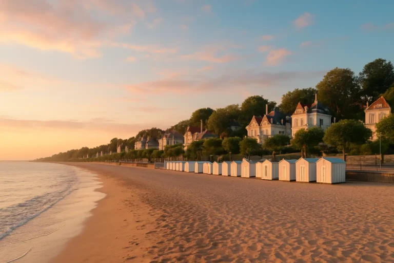 Vue panoramique de la plage de Houlgate au coucher de soleil avec le front de mer et des villas balnéaires