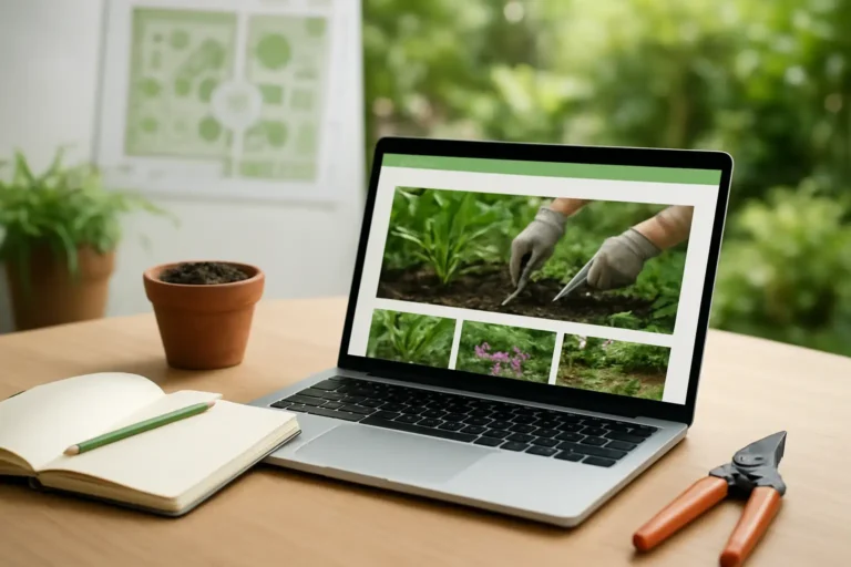 Tablette ouverte sur Jardipedia avec carnet de jardinage, terreau et sécateur sur un bureau