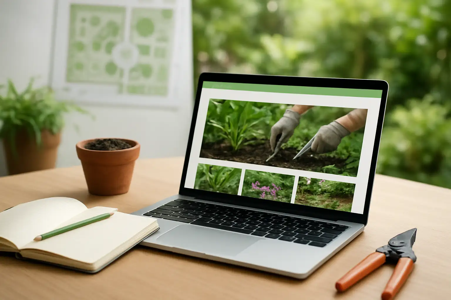 Tablette ouverte sur Jardipedia avec carnet de jardinage, terreau et sécateur sur un bureau