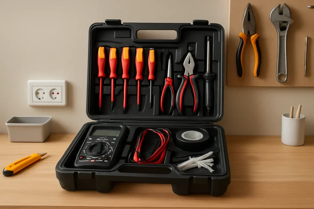 Mallette d’outillage pour travaux d’électricité et d’électronique avec multimètre, pinces, tournevis isolés et accessoires