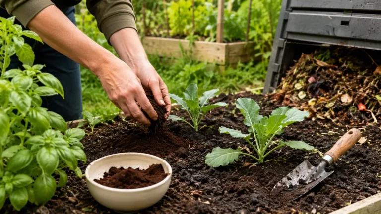 Jardinier incorporant du marc de café séché dans la terre du potager