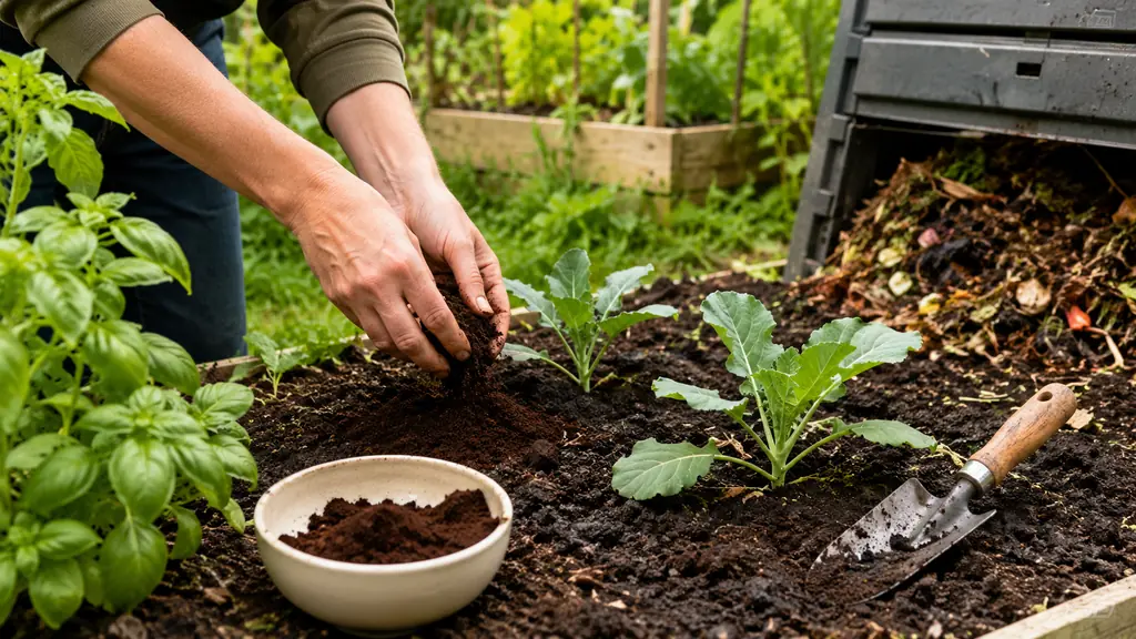 Jardinier incorporant du marc de café séché dans la terre du potager