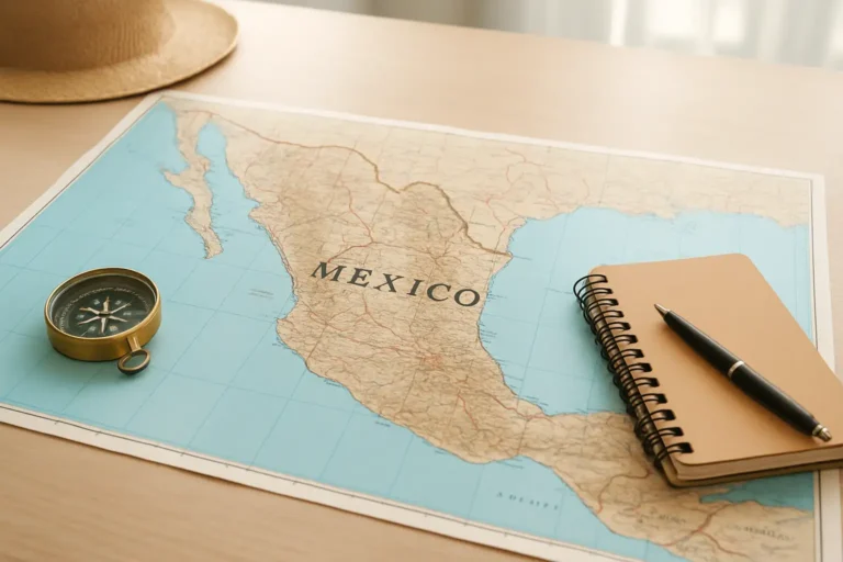 Carte du Mexique posée sur une table avec des accessoires de voyage pour préparer un itinéraire