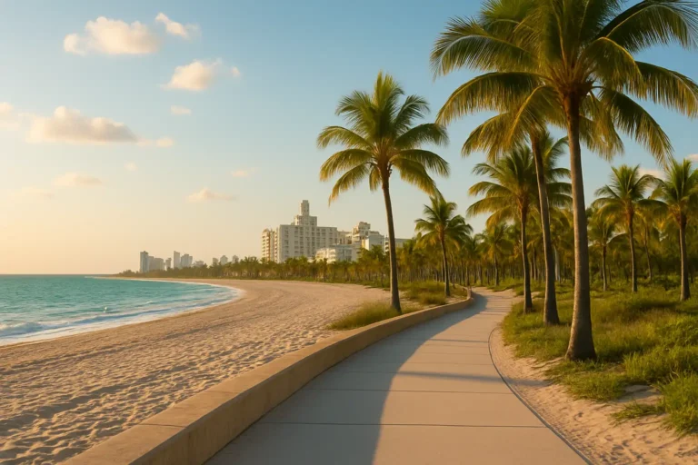Promenade sur la Beachwalk à Miami Beach avec plage, palmiers et bâtiments art déco au loin