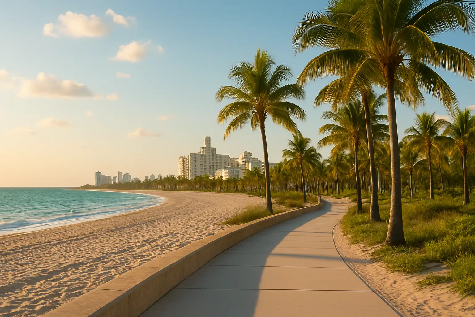 Promenade sur la Beachwalk à Miami Beach avec plage, palmiers et bâtiments art déco au loin
