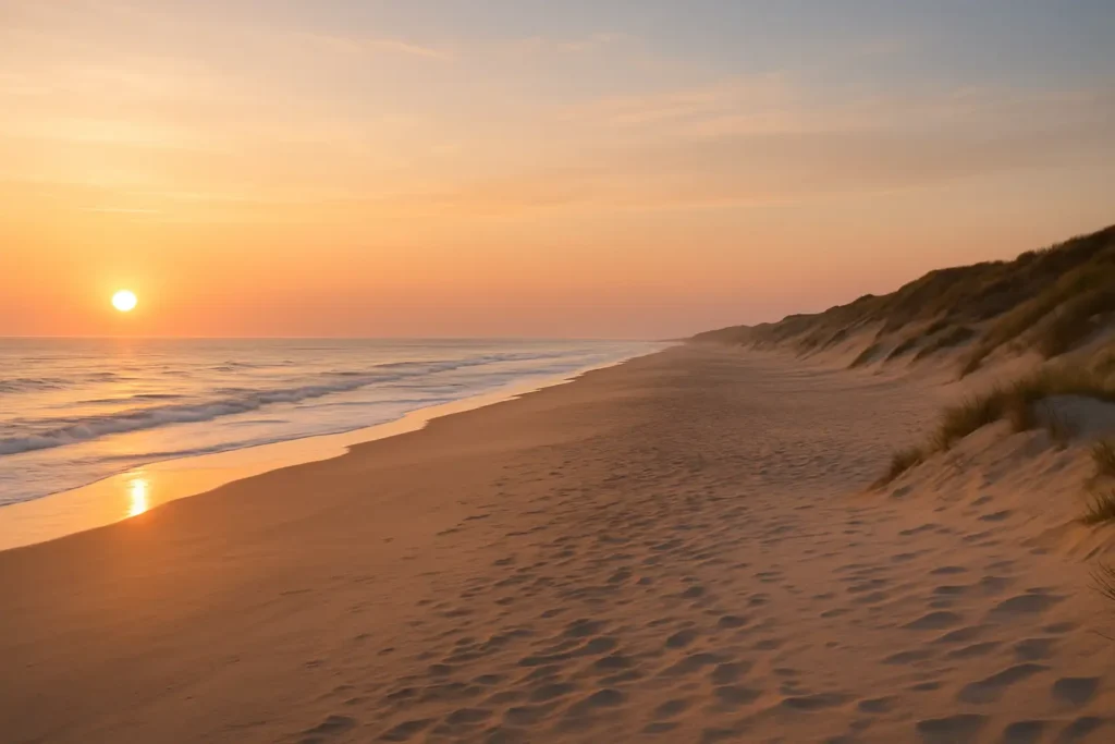 Vue de la plage de Mimizan Plage avec l’océan Atlantique et les dunes