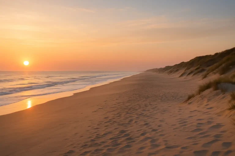 Vue de la plage de Mimizan Plage avec l’océan Atlantique et les dunes