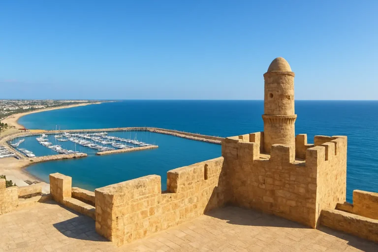 Vue panoramique du Ribat de Monastir dominant la mer, avec la marina et la plage en arrière-plan