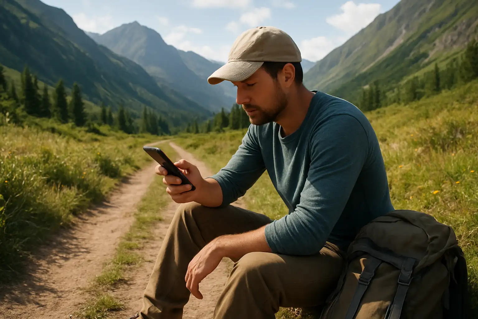 Randonneur en montagne consultant une assistance médicale sur son téléphone