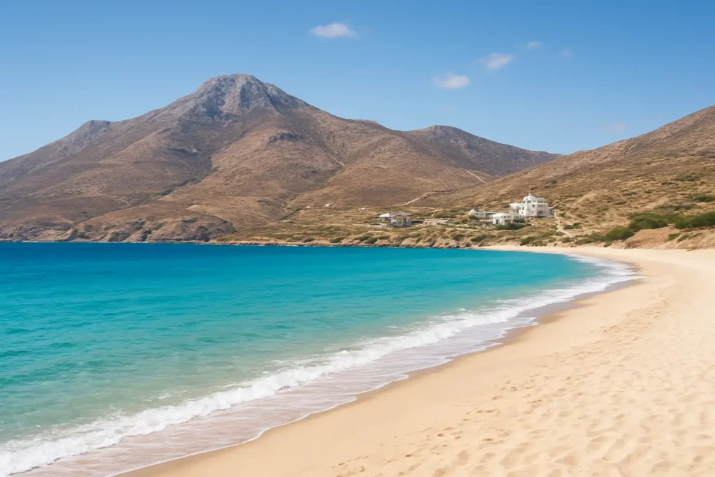 Plage et relief montagneux de Naxos en Grèce avec un sentier de randonnée au loin