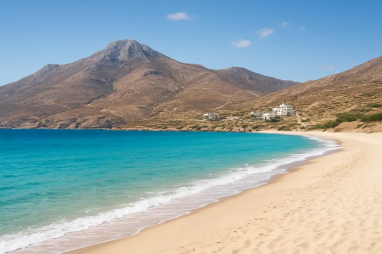 Plage et relief montagneux de Naxos en Grèce avec un sentier de randonnée au loin
