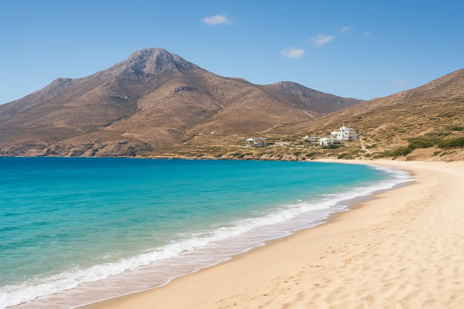 Plage et relief montagneux de Naxos en Grèce avec un sentier de randonnée au loin