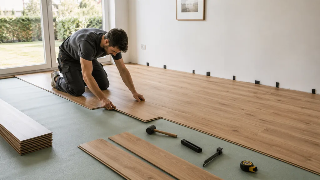 Poseur installant un parquet stratifié clipsable sur une sous-couche dans une pièce lumineuse
