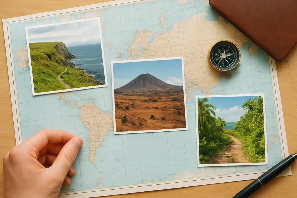 Carte de voyage illustrant les pays en D avec des paysages du Danemark, de Djibouti et de la Dominique