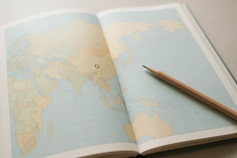 Atlas ouvert montrant la carte du monde avec des repères sur Xi’an et Xiamen