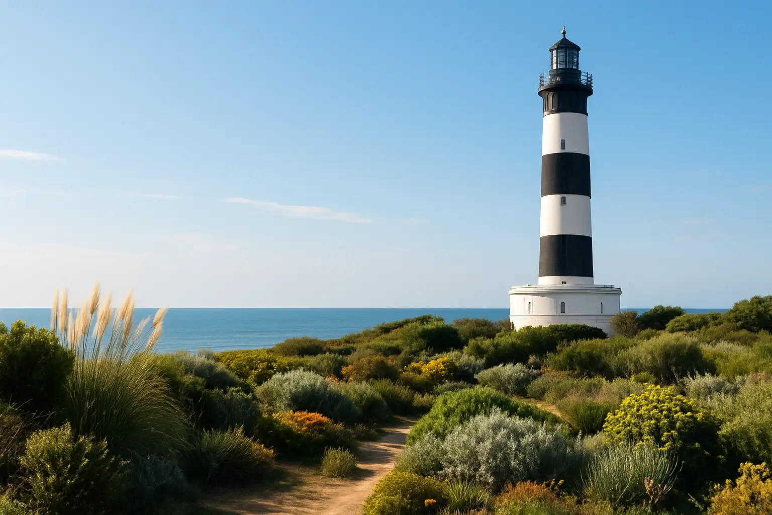Le phare de Chassiron à la pointe nord de l’île d’Oléron, avec ses jardins et l’océan en arrière-plan