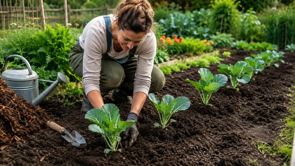 Jardinière plantant de jeunes choux-fleurs espacés dans une terre riche