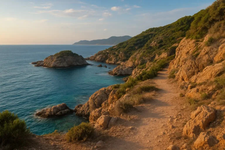 Sentier côtier rocheux dominant les criques et la mer turquoise près de Roses, sur la Costa Brava