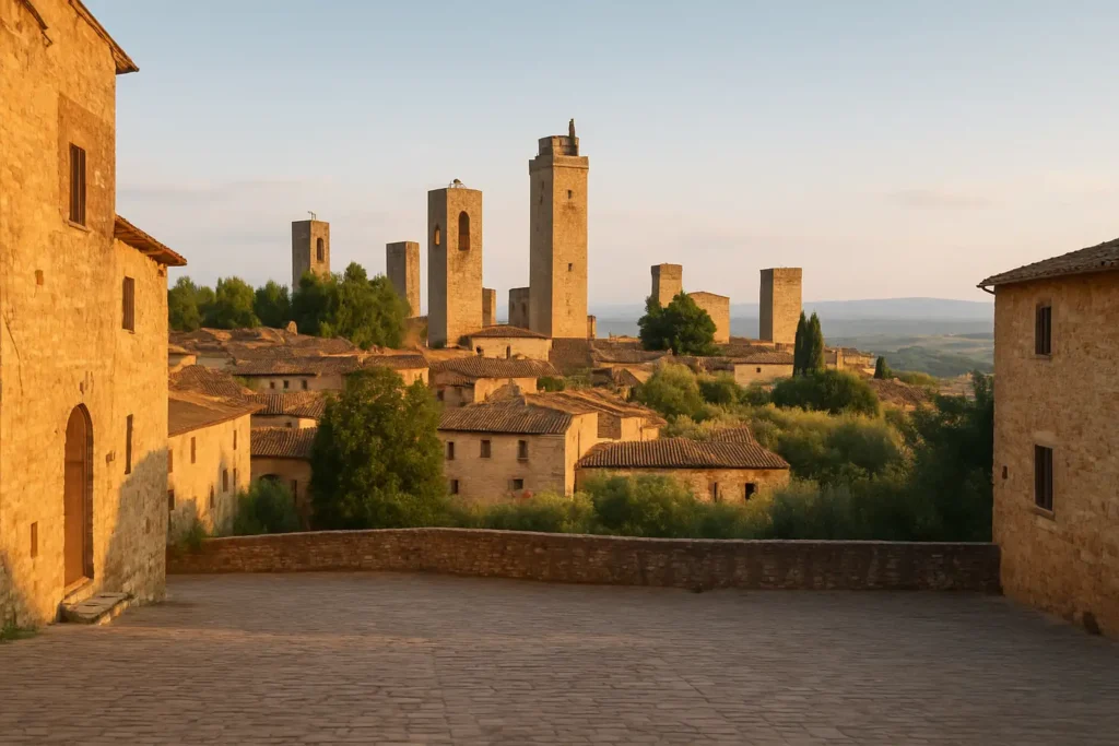 Vue de San Gimignano avec ses tours médiévales et les collines toscanes