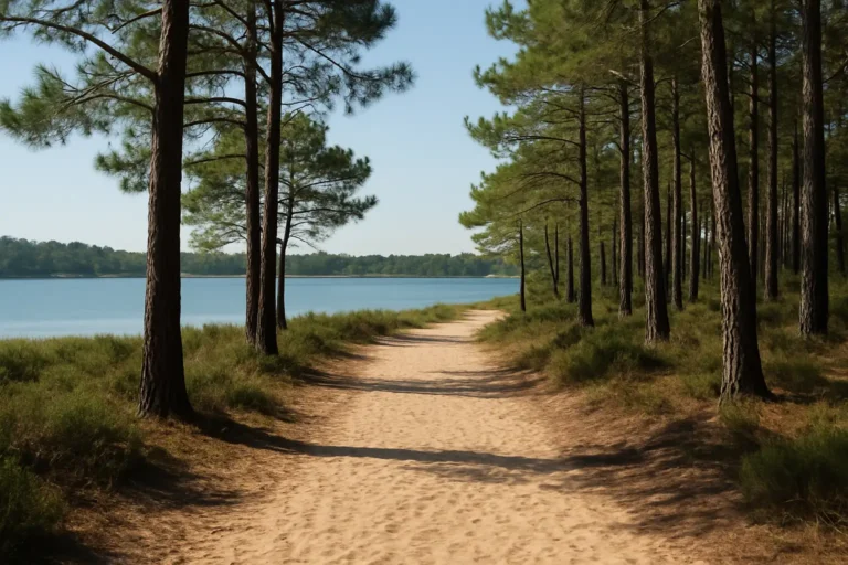 Sentier sablonneux dans la forêt landaise près de Soustons, avec un étang calme en arrière-plan