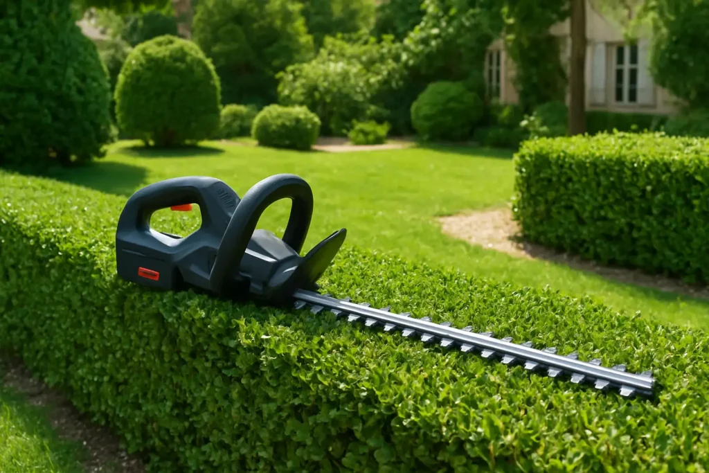 Taille-haie à batterie dans un jardin avec une haie verte bien entretenue