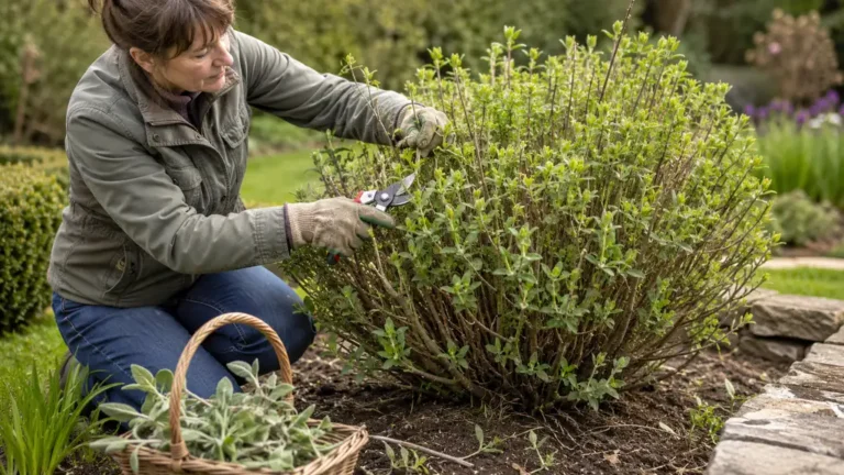 Jardinière taillant une sauge arbustive au printemps avec un sécateur
