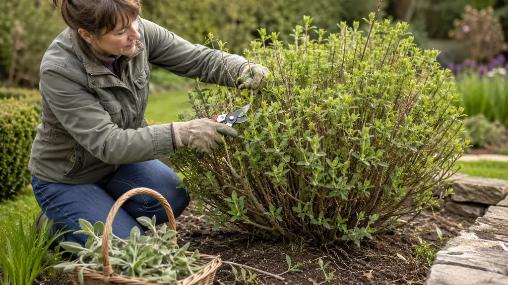 Jardinière taillant une sauge arbustive au printemps avec un sécateur