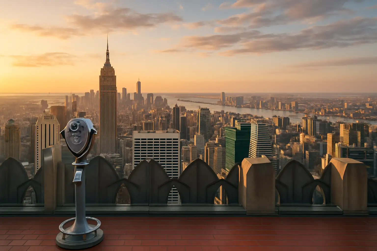 Vue panoramique depuis Top of the Rock au Rockefeller Center, avec Manhattan et l’Empire State Building.