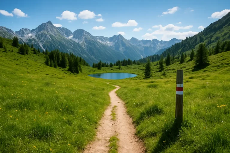 Sentier de randonnée dans le Tyrol autrichien avec alpages et sommets alpins