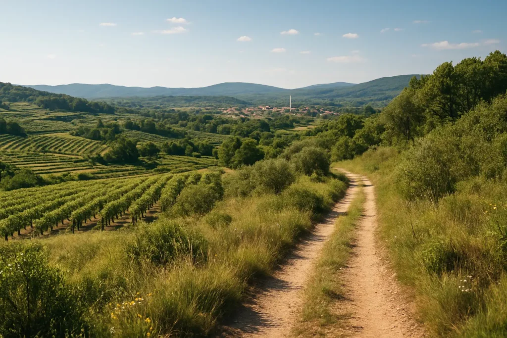 Vue panoramique sur les collines et les vignobles autour de Valréas avec un sentier de randonnée
