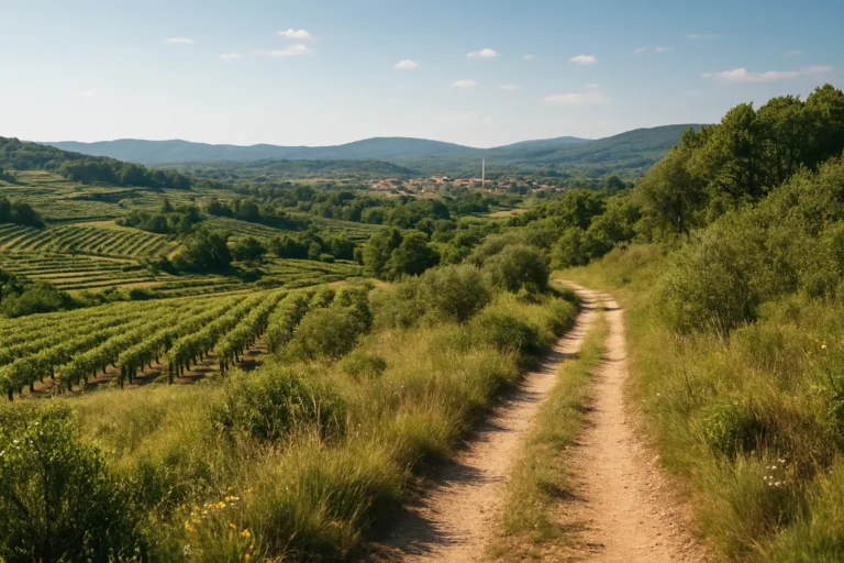 Vue panoramique sur les collines et les vignobles autour de Valréas avec un sentier de randonnée